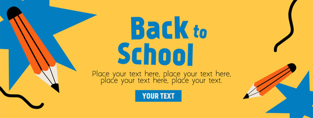 Back to school horizontal poster, web banner in trendy doodle style with geometric shapes, pencil element and modern typography for college, education, study concept. Templates ads, branding, sale.