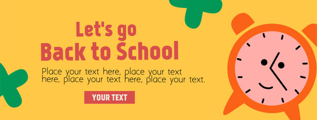 Back to school horizontal poster, web banner in trendy doodle style with geometric shapes, clock element and modern typography for college, education, study concept. Templates ads, branding, sale.