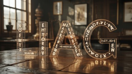 Illuminated I, M, A, G Letter Sculptures with Cryptic Inner Markings in a Study