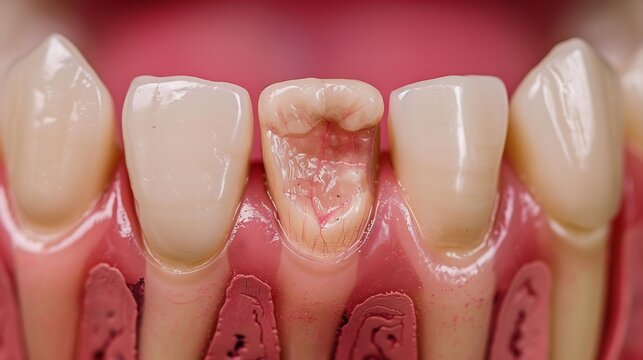 Cross section of a bicuspid tooth showing an abscessed pulp chamber before undergoing root canal therapy