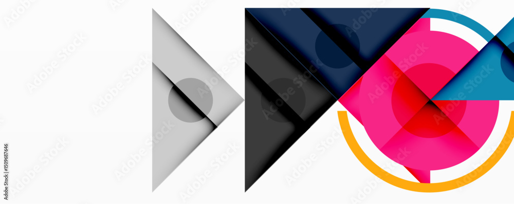Aufkleber Abstract geometric shapes overlap, creating vibrant composition. Circles, triangles, rectangles intersect on white background. Modern design.