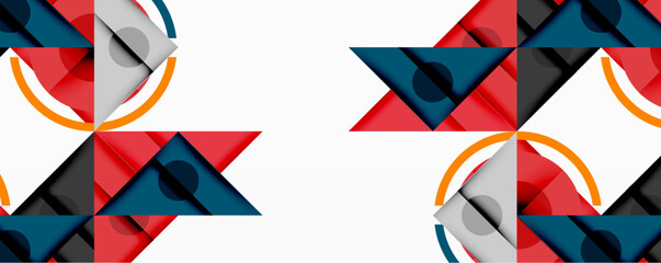 Geometric shapes repeat, creating symmetrical pattern. Red, gray, teal, orange colors dominate design. Minimalist aesthetic.
