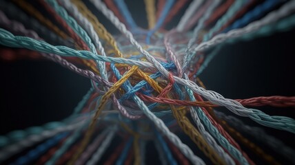 Intricate Nexus of Multicolored Twisted Cords Forming a Unified Tangle