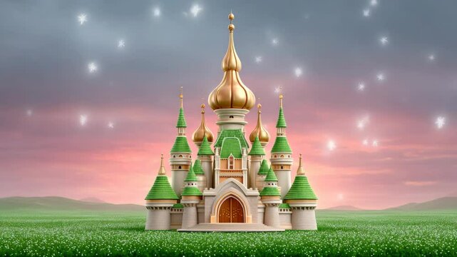 an exquisite fairytale castle with golden turrets stands gracefully against a serene, starlit sky. The castle's intricate architecture adds to its charm.