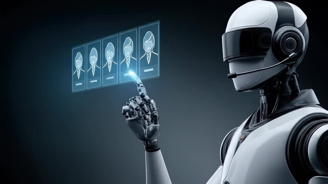 White Robot Interacting with Digital Interface on Dark Background