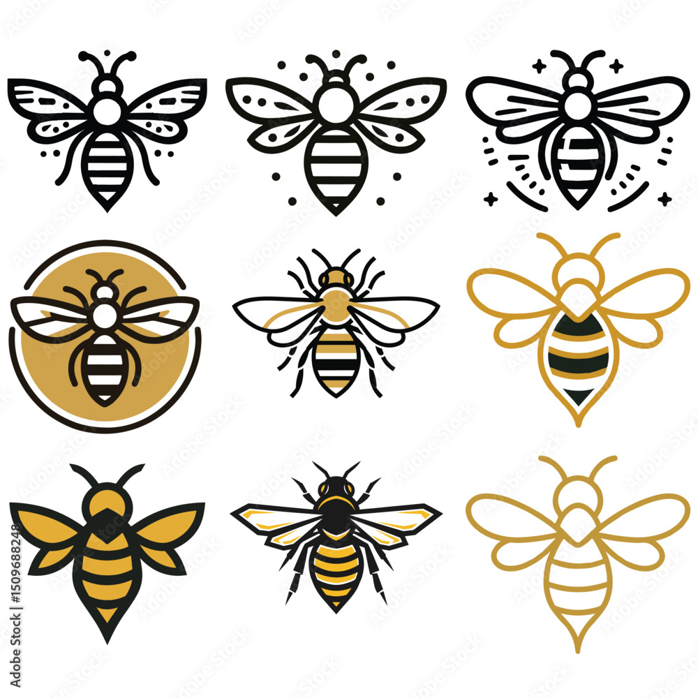 Poster nine stylized bee illustrations with varying designs and color schemes arranged in a grid pattern
