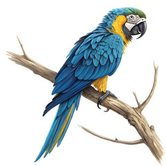 Fototapeta premium A full-body blue and yellow macaw perched on a branch with vibrant feathers and a lively posture.