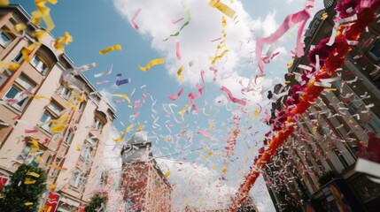 Fototapeta premium Colorful confetti streams from above city buildings.