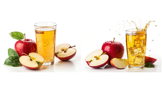 Two Glasses of Apple Juice with Whole and Sliced Red Apples, Highlighting Freshness and Natural Ingredients
