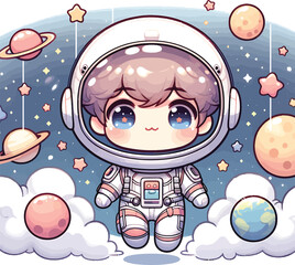Chibi Anime Style Astronaut Boy Floating in Space – Cute Kawaii Vector Cartoon Character