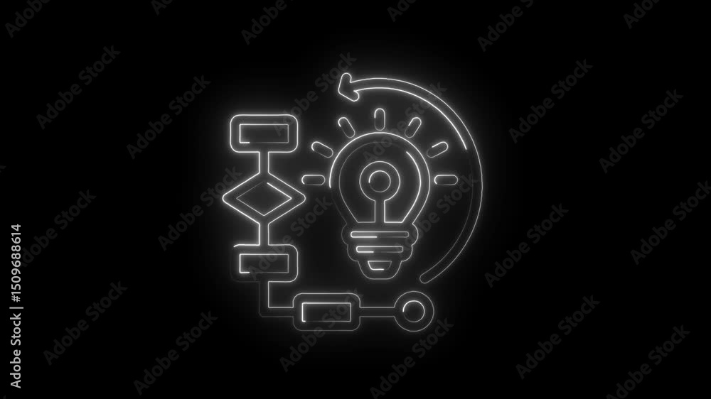 Poster glowing business concept icon animation depicting creative idea generation and workflow process