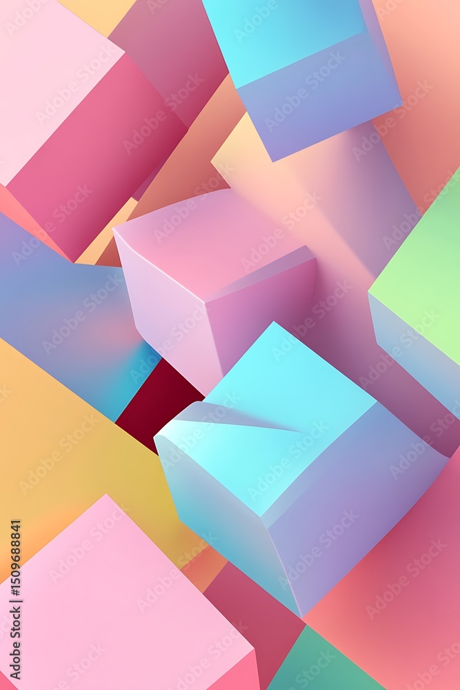 Poster abstract gradient background featuring overlapping cubes in pink, blue, and green with a modern visu