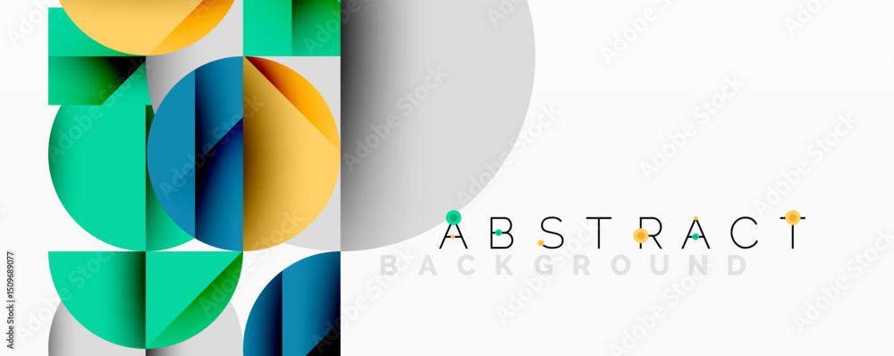 Poster Geometric shapes overlap, creating vibrant color blocks. Modern design features clean lines, gradients, subtle text overlay.