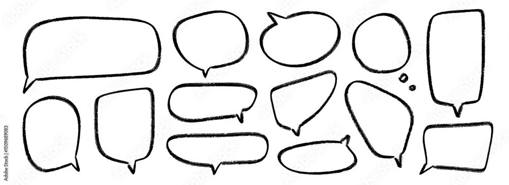 Poster hand drawn speech bubbles set. doodled crayon dialog box collection. sketched textured comic talk fr
