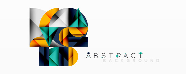 Geometric shapes overlap, creating vibrant abstract composition. Orange, blue, gray tones dominate design. Modern aesthetic.