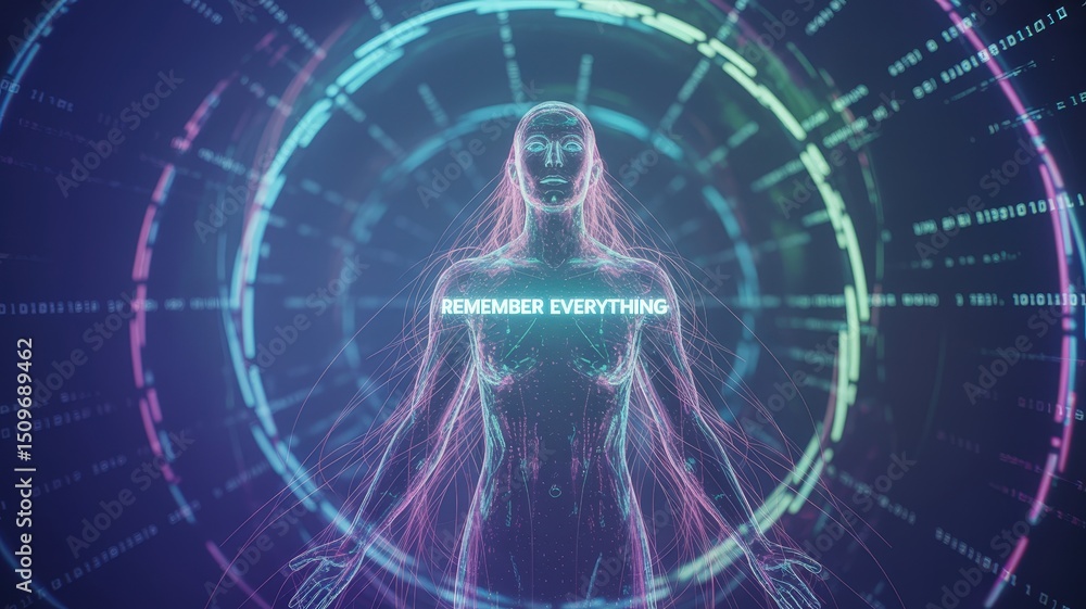 Aufkleber luminous digital humanoid embodiment of total recall amidst concentric data streams