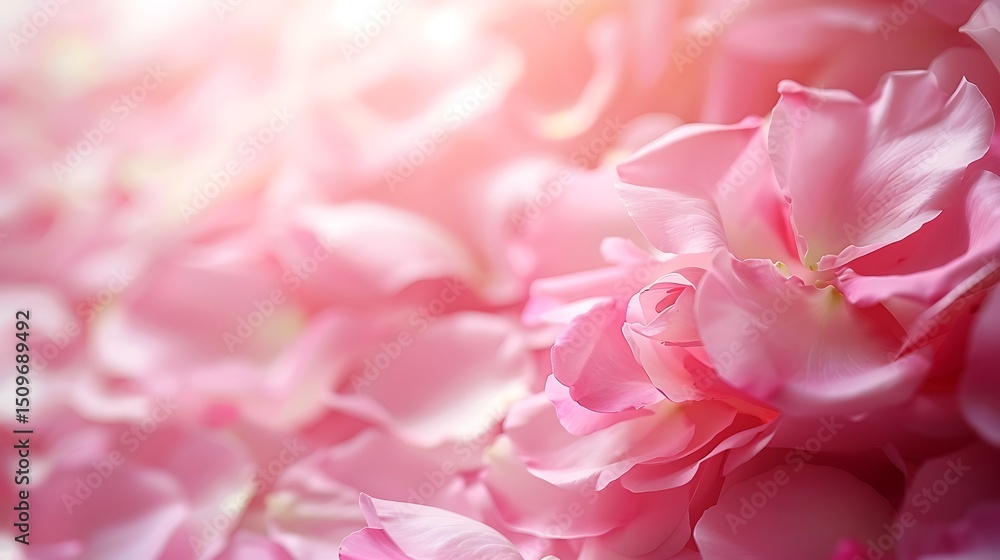 Poster close up of many soft pink rose petals creating a textured background with diffused light