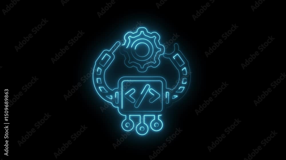 Poster neon style software development illustration symbolizing seamless integration and automation