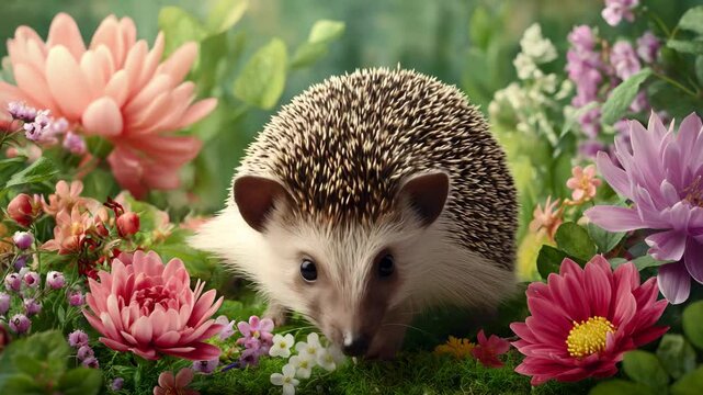 a cute hedgehog nestled among vibrant flowers in a garden