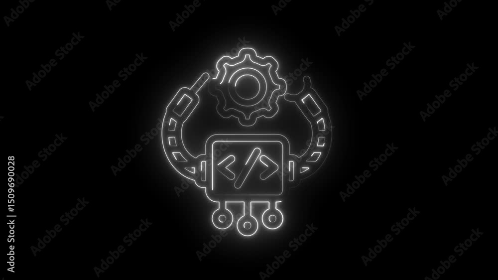 Poster glowing neon icon animation illustrating software development and engineering process on black backg