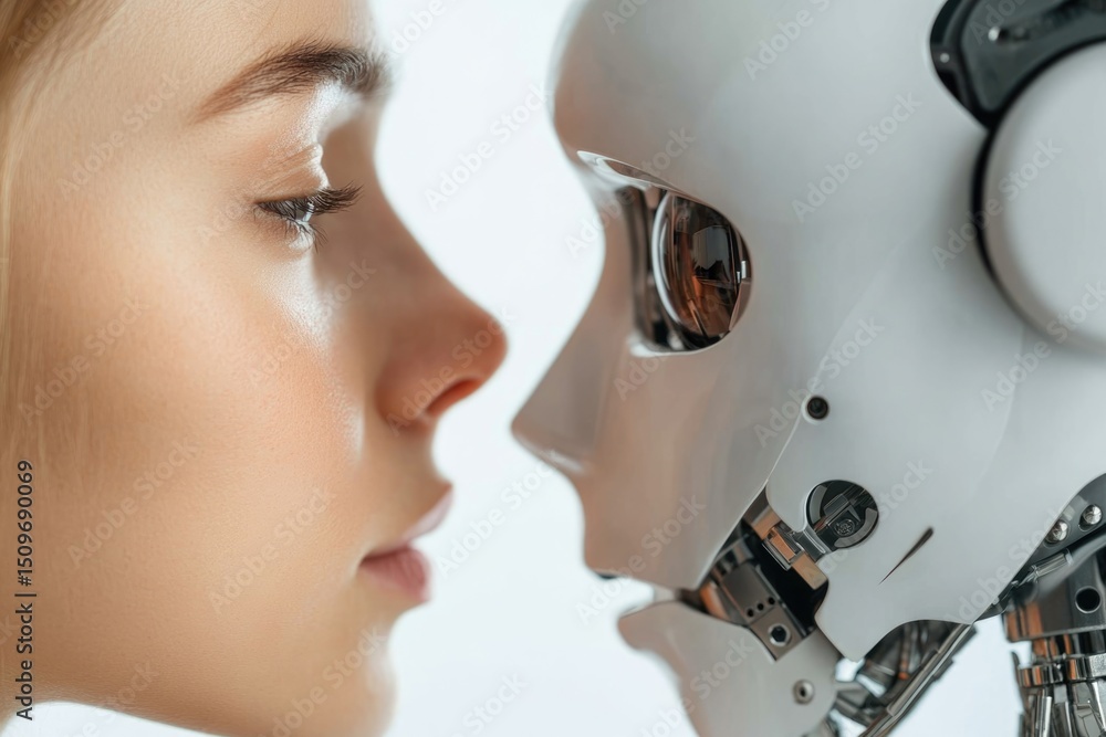 Poster woman and robot interacting face to face exploring artificial intelligence and human connection