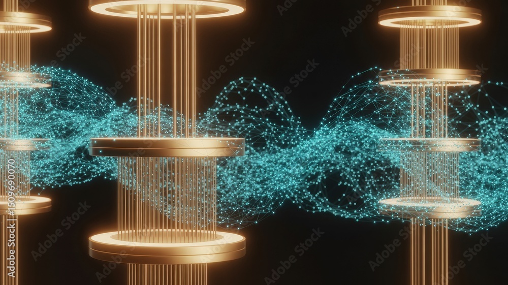 Poster luminous golden structures transmitting digital signals through a teal particulate nebula