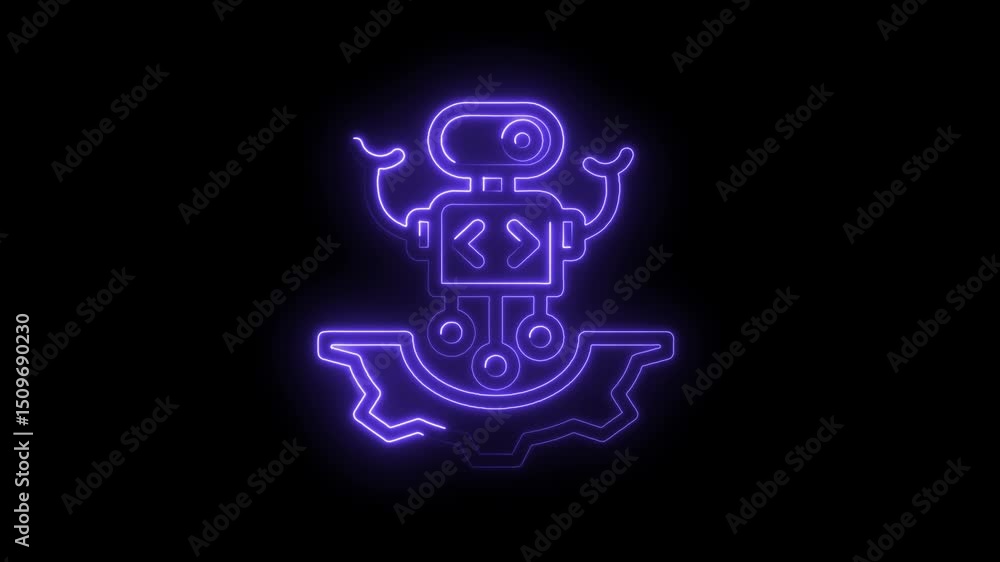 Poster animated neon style robot icon with gear rotating on dark background concept