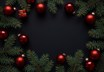 深紅オーナメントと緑葉 クリスマス飾り枠 上品な背景