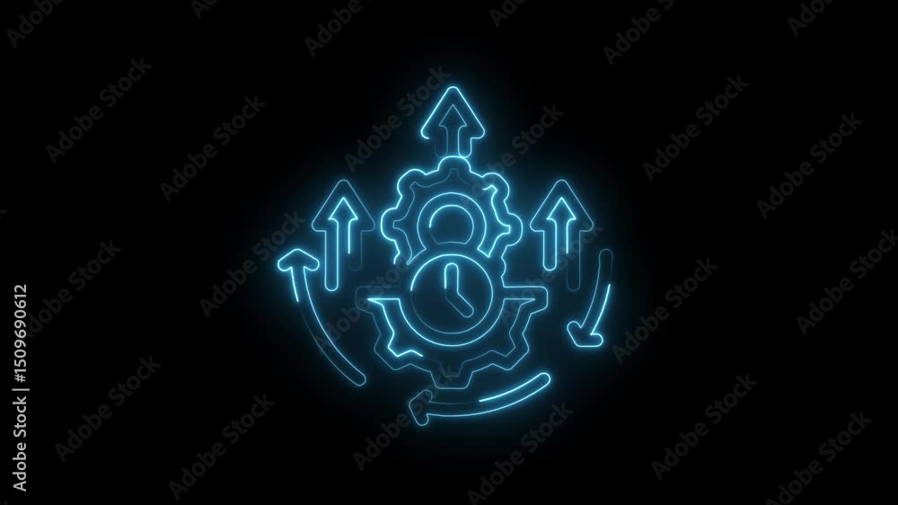 Poster neon style gear clock rotating with arrows up and down on dark background