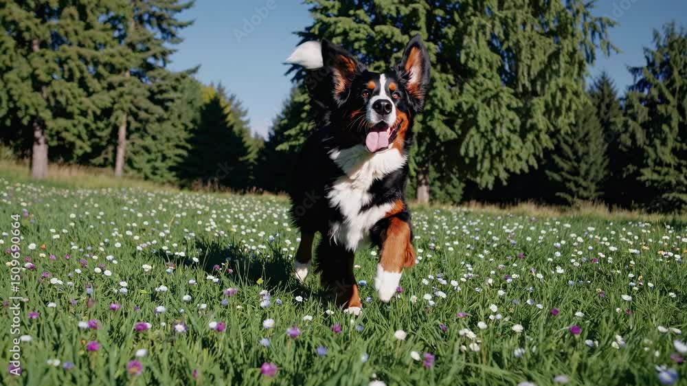 Aufkleber a joyful dog runs through a meadow of wildflowers, captured from a low-angle, creating a lively and 