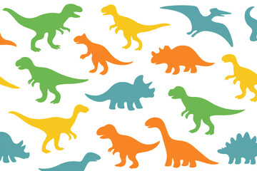 Obraz premium Colorful dinosaur silhouettes repeating across transparent background, blending prehistoric charm with graphic design simplicity