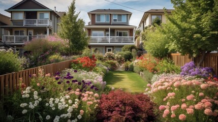 Fototapeta premium Colorful garden bordered by a wooden fence.