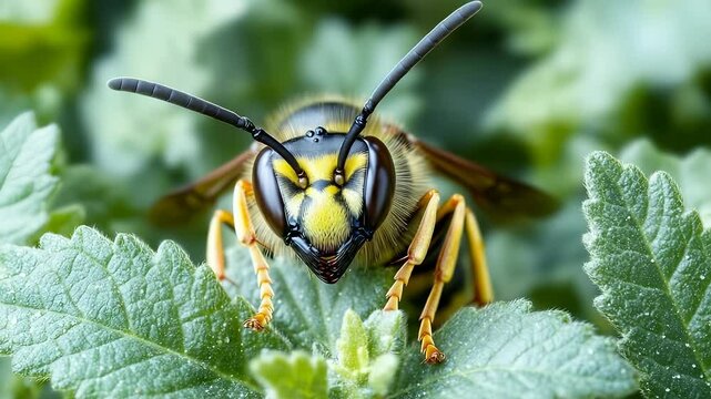 Detailed Close-Up of a Yellowjacket Wasp on Vibrant Green Leaves in a Natural Setting