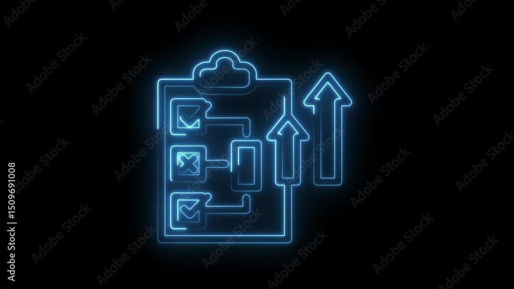 Poster glowing neon clipboard checkboxes with arrows representing project management and successful busines