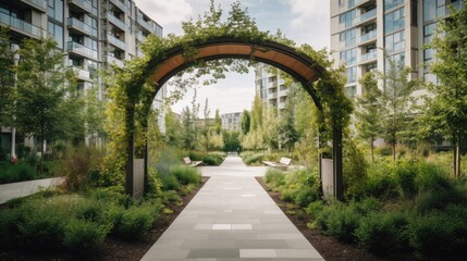 Fototapeta premium Lush greenery surrounds a paved walkway beneath a decorative archway.