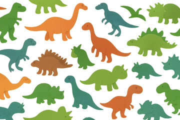 Obraz premium Colorful cartoon dinosaurs walking playfully across transparent background, creating whimsical pattern for kids' design and learning resources
