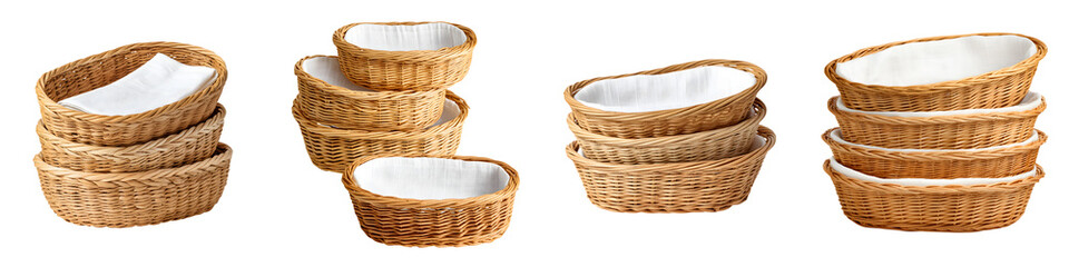 Natural wicker baskets with white liners, featuring various shapes and sizes, perfect for home decoration, organizing, storing, and serving bread or fruits in a rustic style