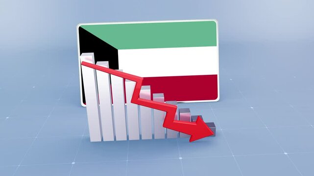 Kuwait Country Flag and Bar Chart Graph Showing Decreasing Values a Red Arrow Economic Crisis Concept