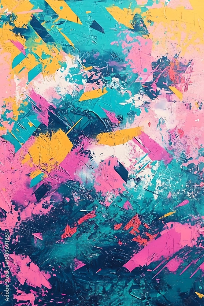 Poster glowing abstract triangles in vibrant holographic shades forming a visually dynamic and colorful bac