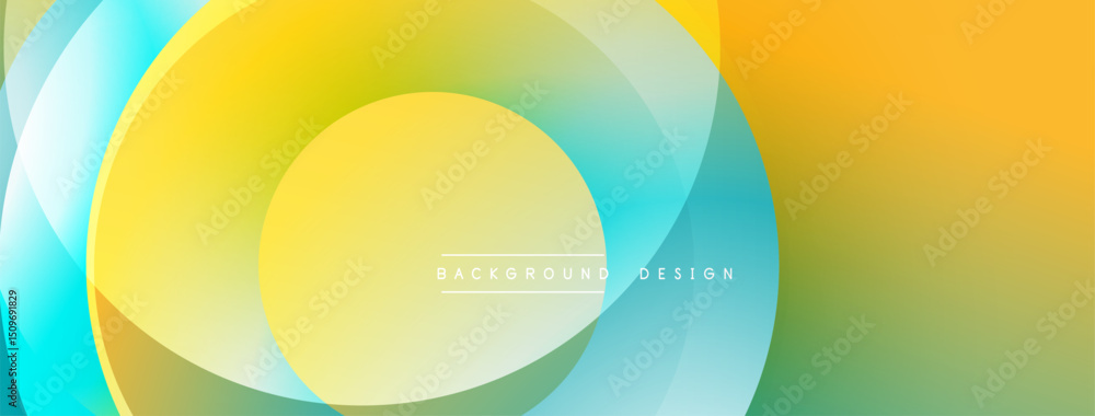 Poster Abstract vibrant circles overlap. Yellow, orange, turquoise hues blend creating smooth gradients. Modern design element for backgrounds.