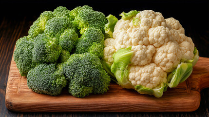 Broccoli and cauliflower on wooden cutting board