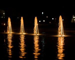 Illuminated fountain jets at night