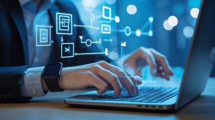 A professional in a high-tech business environment is interacting with a futuristic holographic flowchart on a laptop, projected above the keyboard.