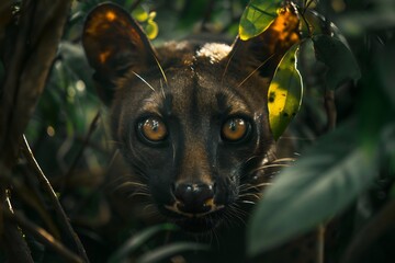 Cunning fossa stalking through the dense Madagascar rainforest sharp golden eyes locked on unseen prey ultra HD realism