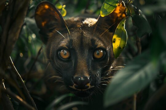 Cunning fossa stalking through the dense Madagascar rainforest sharp golden eyes locked on unseen prey ultra HD realism