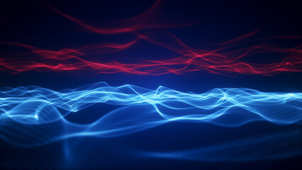 Red and blue glowing waves moving in opposite directions on dark