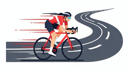 Fototapeta premium Female Cyclist Speeding on a Winding Road with a Red Bike