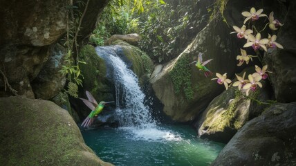 Mystical Jungle Waterfall with Vibrant Hummingbirds and Exotic Orchids in Verdant Light