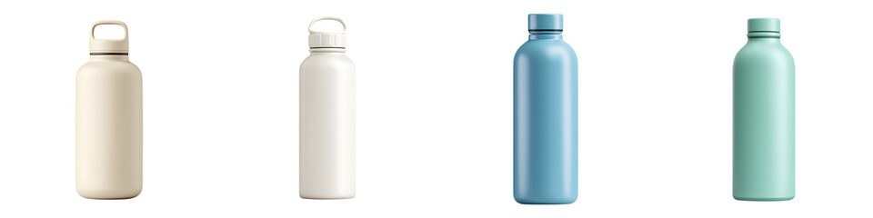 Sleek, modern water bottles in various colors, featuring minimalist design and eco-friendly materials, suitable for hydration on the go and outdoor activities.