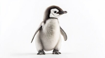 Curious baby penguin standing on its tiny webbed feet fluffy gray feathers visible isolated on a white background